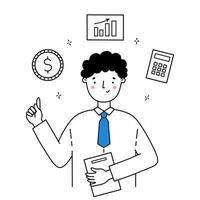 consultor financeiro masculino dando consulta. análise de orçamento, estratégia de negócios, gestão de dinheiro, crescimento do lucro, conceito de assistência profissional. ilustração vetorial em estilo doodle. vetor