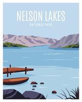 fundo de paisagem do parque nacional do lago nelson. viajar para a Nova Zelândia. ilustração com estilo minimalista para pôster, cartão postal, impressão de arte. vetor