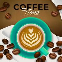 café com leite e grãos de café no conceito de hora do café vetor