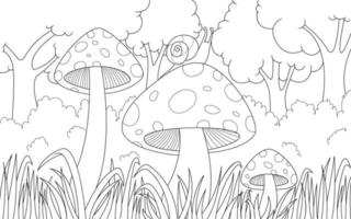 ilustração para colorir infantil com cogumelos e caracol vetor