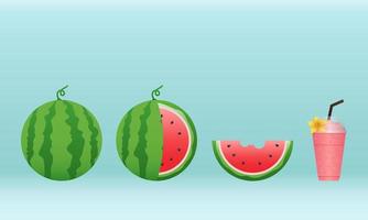 banner de melancia e fatias suculentas, design plano de folhas verdes e ilustração de flor de melancia, conceito de frutas frescas e suculentas de comida de verão. vetor