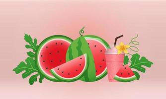 banner de melancia e fatias suculentas, design plano de folhas verdes e ilustração de flor de melancia, conceito de frutas frescas e suculentas de comida de verão. vetor
