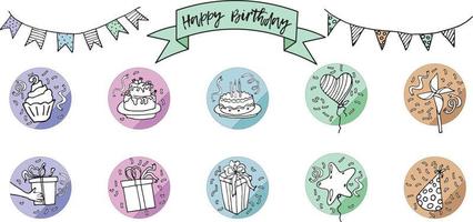 definir linha de doodle de festa de feliz aniversário. esboçar arte vetorial feita à mão. ícone de coleção em círculo. vetor