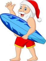 desenho animado papai noel segurando uma prancha de surf acenando a mão vetor