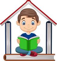 menino de desenho animado lendo um livro com pilha de livros formando uma casa vetor