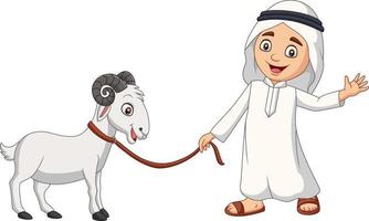 menino muçulmano árabe dos desenhos animados com uma cabra