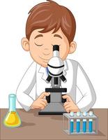 menino usando microscópio no laboratório vetor