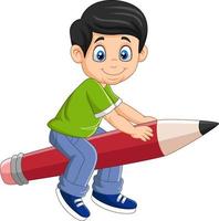 menino dos desenhos animados, montando um lápis voador vetor