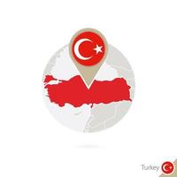 mapa da Turquia e bandeira em círculo. mapa da Turquia, pino de bandeira da Turquia. mapa da Turquia no estilo do globo. vetor