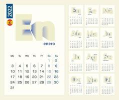 modelo de calendário 2022 em espanhol, calendário minimalista definido para o ano de 2022. vetor