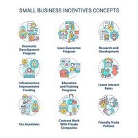 conjunto de ícones de conceito de incentivos para pequenas empresas. programa de apoio ao empreendedorismo ideia ilustrações coloridas de linha fina. símbolos isolados. traço editável.