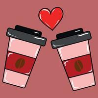 duas xícaras de café com coração vermelho vetor