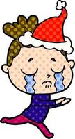 ilustração de estilo de quadrinhos de uma mulher chorando usando chapéu de papai noel vetor
