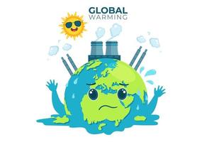 ilustração de estilo de desenho animado de aquecimento global com o planeta Terra em um estado de derretimento ou queima e sol de imagem para evitar danos à natureza e às mudanças climáticas vetor