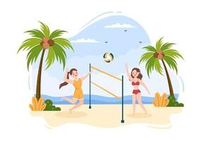 jogador de vôlei de praia no ataque para a série de competição esportiva ao ar livre na ilustração plana dos desenhos animados