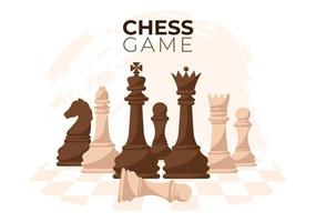 ilustração de fundo dos desenhos animados de tabuleiro de xadrez quadriculado com peças em preto e branco para atividade de hobby, competição ou torneio
