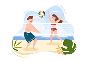 jogador de vôlei de praia no ataque para a série de competição esportiva ao ar livre na ilustração plana dos desenhos animados vetor