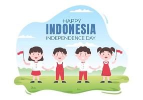 dia da independência da indonésia em 17 de agosto com jogos tradicionais, bandeira vermelha branca e personagem de pessoas em ilustração de fundo plana bonito dos desenhos animados vetor