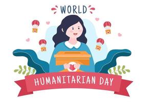 dia mundial humanitário com celebração global de ajudar as pessoas, trabalhar juntos, caridade, doação e voluntariado na ilustração plana dos desenhos animados vetor