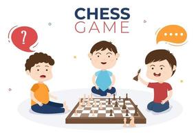 ilustração de fundo de desenho animado de jogo de tabuleiro de xadrez com duas crianças pequenas e fofas sentadas em frente e jogando para atividade de hobby em estilo simples