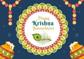 feliz krishna janmashtami festival da índia com bansuri e flauta, dahi handi e pena de pavão em ilustração plana de fundo de desenho animado bonito vetor