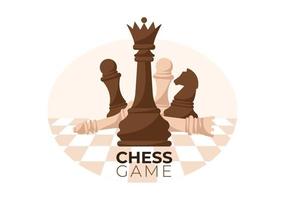 ilustração de fundo dos desenhos animados de tabuleiro de xadrez quadriculado com peças em preto e branco para atividade de hobby, competição ou torneio
