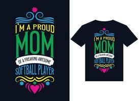 eu sou uma mãe orgulhosa de um incrível design de camiseta de jogador de softball vetor