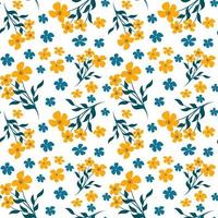 padrão floral na moda vector sem costura. impressão interminável de pequenas flores amarelas e azuis. motivos de verão e primavera. fundo branco. ilustração vetorial de estoque
