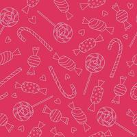 padrão sem emenda com doces de contorno no fundo rosa. pirulito, pirulito. arte de linha. estilo doodle. vetor
