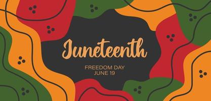 design de banner horizontal abstrato de junho com formas orgânicas aleatórias de verde amarelo vermelho brilhante, borda de linhas. modelo de vetor para o dia da liberdade de juneteenth com logotipo de texto. celebração nos EUA.