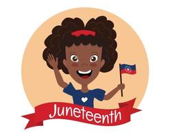 feliz jovem afro-americana com as mãos levantadas, segurando a bandeira de libertação pan-africana, negra. celebrando personagem - garota negra. emancipação de junho, cartão de felicitações do dia da liberdade. vetor