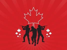 design de pôster para o Canadá, soldados canadenses orgulhosos, folha de bordo e ícone de bandeira em um fundo vermelho. a bandeira canadense e a silhueta da equipe dos soldados. vetor