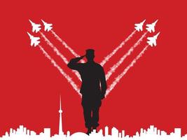 um soldado canadense está saudando e caças estão voando com honra. design de pôster para o Canadá, orgulhosos soldados canadenses, marcos do Canadá. vetor