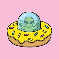 ufo de donut de equitação alienígena fofo com ilustração de ícone de vetor de desenhos animados de mão de paz. ciência comida ícone conceito isolado vetor premium.