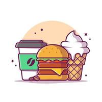 hambúrguer com xícara de café e sorvete ilustração de ícone vetorial dos desenhos animados. comida objeto ícone conceito isolado vetor premium. estilo de desenho animado plano