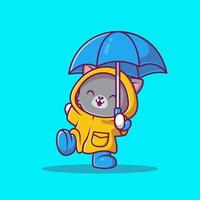 gato bonito com ilustração de ícone de vetor de desenhos animados de capa de chuva e guarda-chuva. animal ícone conceito isolado vetor premium. estilo de desenho animado plano