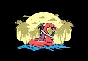 garota usando chapéu de praia em uma ilustração de flamingo de boia salva-vidas inflável vetor