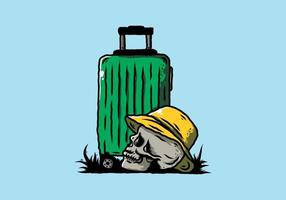 cabeça de caveira usando um chapéu sob uma ilustração de mala de viagem vetor