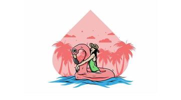 garota usando chapéu de praia em uma ilustração de flamingo de boia salva-vidas inflável vetor