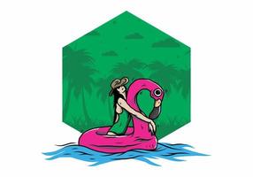 garota usando chapéu de praia em uma ilustração de flamingo de boia salva-vidas inflável vetor