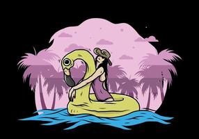 garota usando chapéu de praia em uma ilustração de flamingo de boia salva-vidas inflável vetor