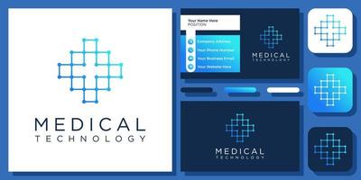 design de logotipo de rede digital de conexão de tecnologia de conexão cruzada médica com modelo de cartão de visita vetor