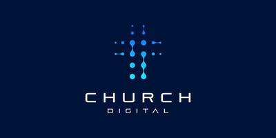 igreja cruz tecnologia cristã conexão digital design de logotipo de vetor abstrato
