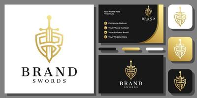 letra inicial b espada escudo reino cavaleiro ouro design de logotipo de luxo com modelo de cartão de visita vetor