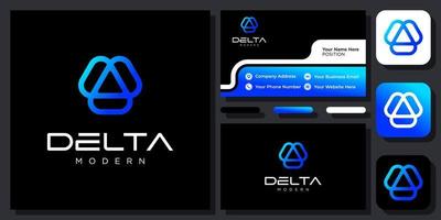 tecnologia de simetria geométrica triângulo delta design de logotipo de vetor infinito digital com cartão de visita