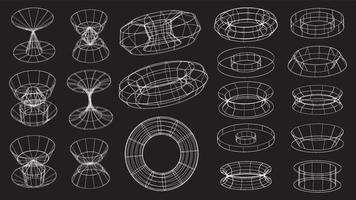 conjunto de elementos de tecnologia geométrica abstrata em estilo cyberpunk. coleção vintage retrô 3d design digital virtual. textura anos 80 vr. padrão de metaverso futurista. fundo de modelo isolado de vetor