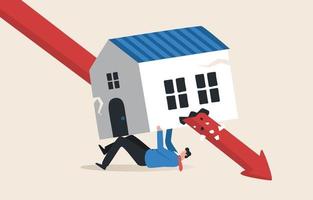 baixos preços da habitação. os preços dos imóveis atingiram um estágio crítico. dependência de hipotecas ou despesas excessivas. pagar dívidas e empréstimos à habitação. o gráfico de seta vermelha atinge a casa com força. vetor
