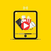 smartphone reproduzindo vídeo on-line, design de aplicativo de filme de cinema vetorial, conceito on-line de ilustração de marketing. vetor