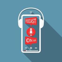 podcast de sombra longa no design aéreo em smartphone com fone de ouvido, ilustração de marketing online. vetor