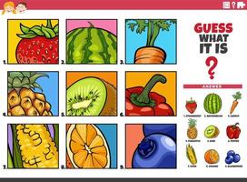 adivinha tarefa educacional de frutas e legumes dos desenhos animados vetor